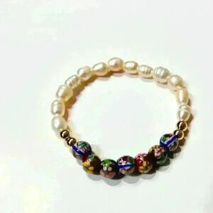 Japanese Rice Pearl Bracelet with Ornate Glass Beads